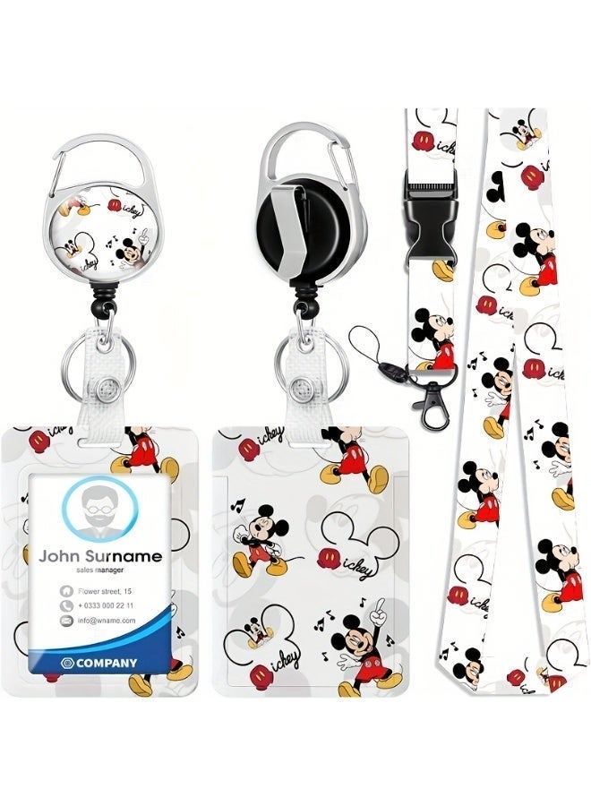 Disney 3-in-1 Disney White Mickey Mouse Logo Plastic ID Holder with Lanyard, Retractable ID Roller, Keychain and Extension Chain - Suitable for workers, students, bus drivers, doctors, nurses, etc. - Image 1
